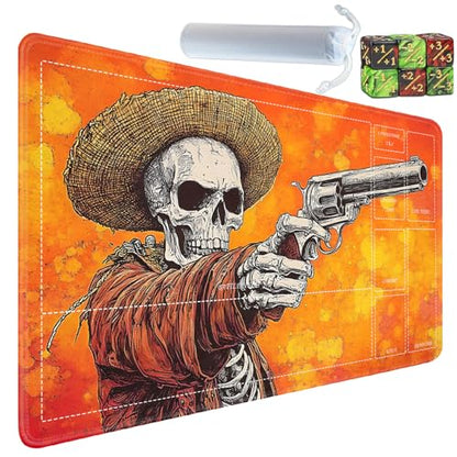 for MTG/TCG Playmat with Zones, 24 x 14 inches Trading Card Playmat with A Storage Bag and 6 Dice, Non-Lip Rubber Bottom Game Desk Mat, Mexican Hat Skeleton Revolver - color: Yux-playmats-2-3A-242