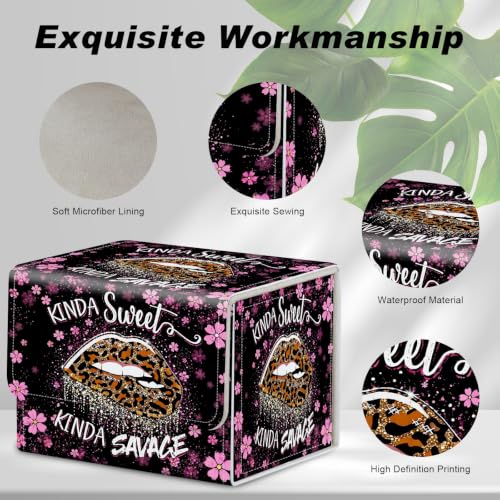 Magnetic Closure TCG Deck Box Portable Card Holder Trading Card Deck Box | PU Leather Collectible Card Case Game Trading Card Deck Box Storage Scratch Resistant Lining, Leopard Print Lips Pink Daisy - color: Leopard Print Lips Pink Daisy