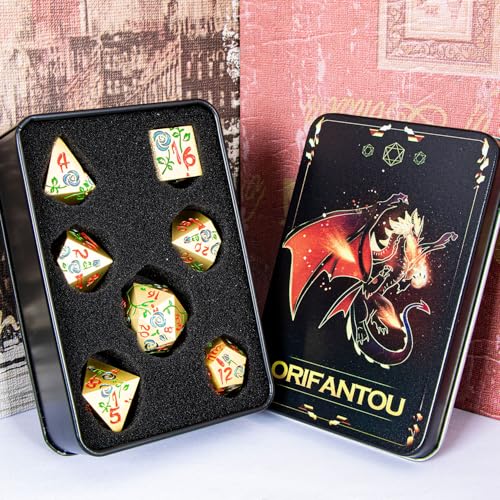 Gothic DND Dice Set Bleeding Rose Metal D and D Dice for use with Dungeons Dragons D&D Role Playing Game, Purple Green RPG Polyhedral Dice Set D20 D12 D10 D8 D6 D4 - color: Purple Green&gold&red Numbers