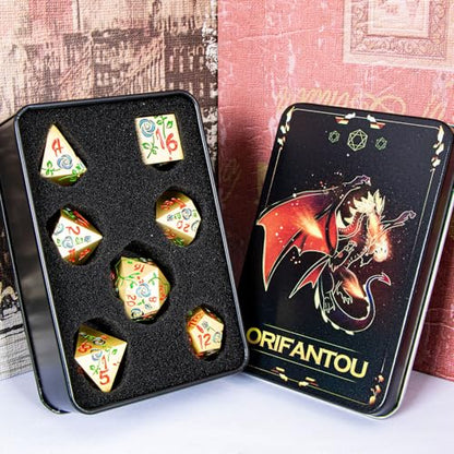 Gothic DND Dice Set Bleeding Rose Metal D and D Dice for use with Dungeons Dragons D&D Role Playing Game, Purple Green RPG Polyhedral Dice Set D20 D12 D10 D8 D6 D4 - color: Purple Green&gold&red Numbers