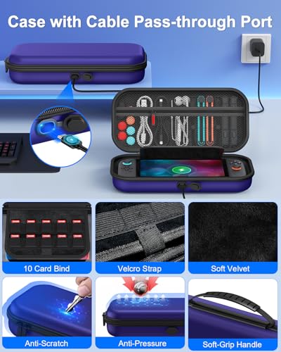 Switch 2 Accessories, Case Bundle with Charger, Grip & Wheel for Nintendo 2 | FYOUNG [Charge Inside] Travel Hard Case, Charging Dock, Ergonomic Grip&Steering Wheel for Mario Kart,Tempered Glass -Blue - color: Blue