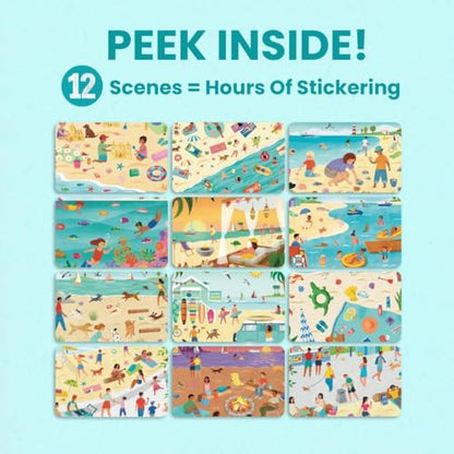 Beach Day 500+ Kids Sticker Book by Cupkin Fun Toddler Travel Activity Coloring and Sticker Book, Road Trip Essentials, 12 Coloring Pages 12 Side by Side Scenes for Ages 2–8 Years - color: Beach Day