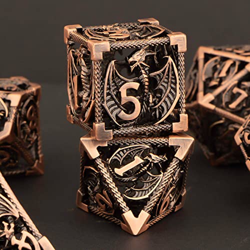 KERWELLSI Hollow DND Dice Set D&D with Gifts Box, 7pcs Polyhedral Metal D and D Dice for Role Playing Game, Dungeon Dragon Dice D20 D12 D10 D8 D6 D4 (Copper) - color: Copper