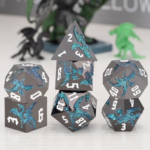 Sharp Edge DND Dragon Dice Set,Metal Polyhedral Dice with Dragon for Dungeons and Dragons RPG TTRPG D&D 7-Die Set with Gift Case - color: Dragon-pearl Gun Glitter Light Blue