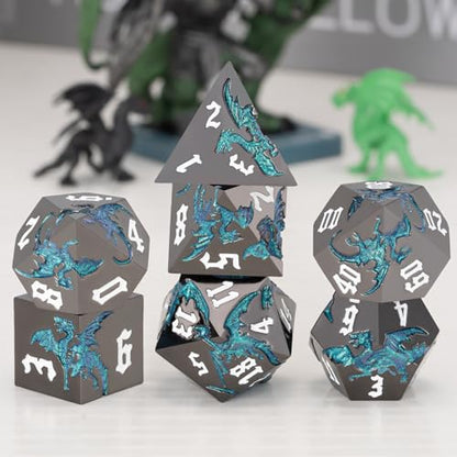 Sharp Edge DND Dragon Dice Set,Metal Polyhedral Dice with Dragon for Dungeons and Dragons RPG TTRPG D&D 7-Die Set with Gift Case - color: Dragon-pearl Gun Glitter Light Blue
