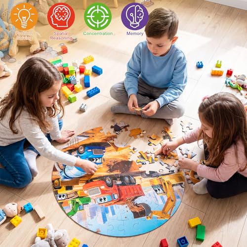 Civaner 70 Pieces Floor Puzzles Round Large Puzzles for Kids Ages 3-5 5-8 Jumbo Jigsaw Puzzle Educational Gifts for Toddlers Girls Boys Baby Shower Holiday Birthday (Construction Vehicles) - style: Construction Vehicles
