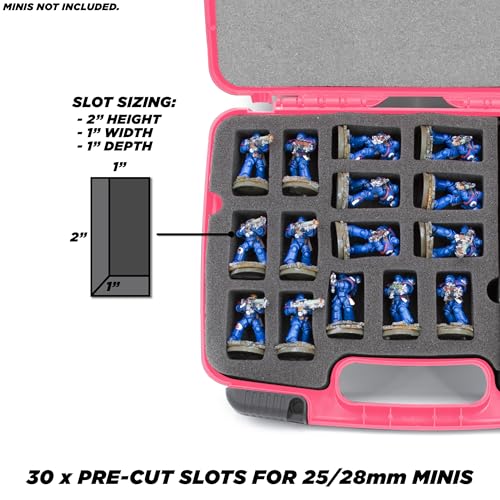 CASEMATIX Miniature Storage Hard Shell Miniature Figure Case - 30 Slot Figurine Minature Carrying Case with Customizable Foam for Large Miniatures for Warhammer 40k, DND and More, Pink Shell