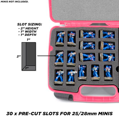 CASEMATIX Miniature Storage Hard Shell Miniature Figure Case - 30 Slot Figurine Minature Carrying Case with Customizable Foam for Large Miniatures for Warhammer 40k, DND and More, Pink Shell