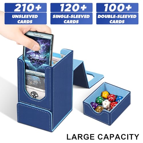Card Deck Box for MTG Commander, Fits 100+ Double-Sleeved Cards Card Case | with Detachable Dice Tray, 2 Dividers, Removable lid, Trading Card Storage Box, Sturdy and Durable, Fits TCG/PTCG/Sports Card - color: Dark Blue and Light Blue