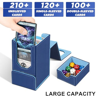 Card Deck Box for MTG Commander, Fits 100+ Double-Sleeved Cards Card Case | with Detachable Dice Tray, 2 Dividers, Removable lid, Trading Card Storage Box, Sturdy and Durable, Fits TCG/PTCG/Sports Card - color: Dark Blue and Light Blue