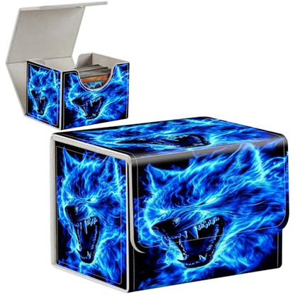 PU Leather Deck Box for MTG Commander Cards, Fits 100+ Double Sleeved Cards, Secure Magnetic Trading Card Storage Case for TCG CCG,Blue Flaming Wolf Spirit - color: Blue Flaming Wolf Spirit
