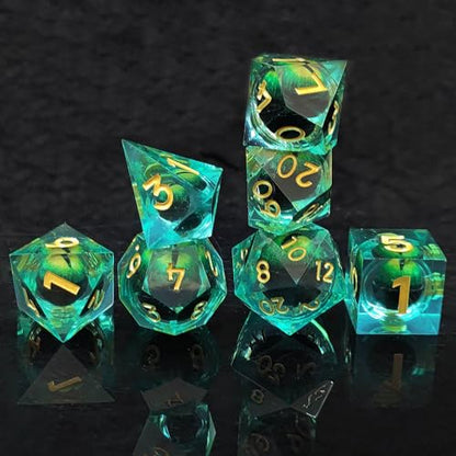 Dragon Eye DND Dice Set, 7 Pcs Liquid Core Resin Sharp Edged Polyhedral D&D Dice for Dungeons and Dragons RPG Role Playing Table Games