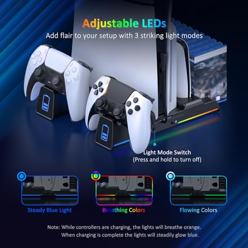 NexiGo PS5 Silent Cooling Stand for Both PS5 and New PS5 Slim Consoles, RGB LED Light, Dual Charging Station, Compatible with Dual_Sense Edge Controller, Hard Drive, Headset and Remote Holder, Black