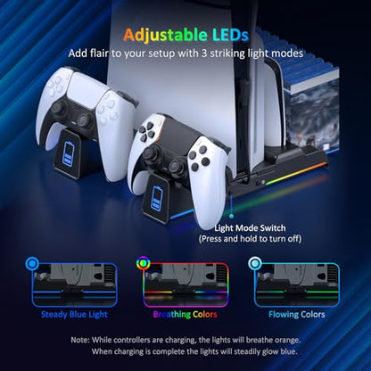 NexiGo PS5 Silent Cooling Stand for Both PS5 and New PS5 Slim Consoles, RGB LED Light, Dual Charging Station, Compatible with Dual_Sense Edge Controller, Hard Drive, Headset and Remote Holder, Black