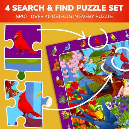 Puzzles for Kids Ages 6-8 - 4 x 60 Piece Jigsaw Kids Puzzles Ages 4-6 | Search & Find Kids Puzzles Ages 5-8 - Animals and Bugs - Educational Learning Gift for Toddlers 3 Year Olds - color: Birds & Bugs