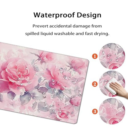31.5”x11.8”Large Gaming Mouse Pad for Desk, Mouse Mat with Seamed Edges, Waterproof Desk Pad, Non-Slip Rubber Base, Keyboard Pad Computer Mat, Big XL Mousepad-Pink Roses Watercolor - color: Pink Roses Watercolor