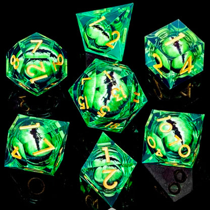 ARUOHHA DND Resin Dice Dragon Eye Dice Liquid Core Green Sharp Edged Dice Set with Gift Box, Dungeons Polyhedral D and D Dice Set Compatible with D&D Role Playing Game D20 D12 D10 D8 D6 - color: Ly02-green