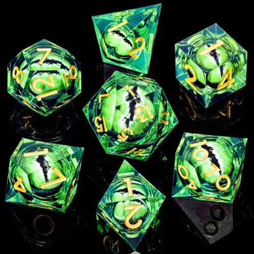 ARUOHHA DND Resin Dice Dragon Eye Dice Liquid Core Green Sharp Edged Dice Set with Gift Box, Dungeons Polyhedral D and D Dice Set Compatible with D&D Role Playing Game D20 D12 D10 D8 D6 - color: Ly02-green