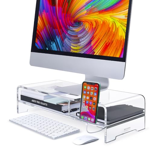 BEYGORM Acrylic Monitor Stand for Full Keyboard, 20" Wide 2-Tier | Clear Riser with Storage Shelf and Phone Holder, Desktop Organizer for Laptop, Printer & Screen