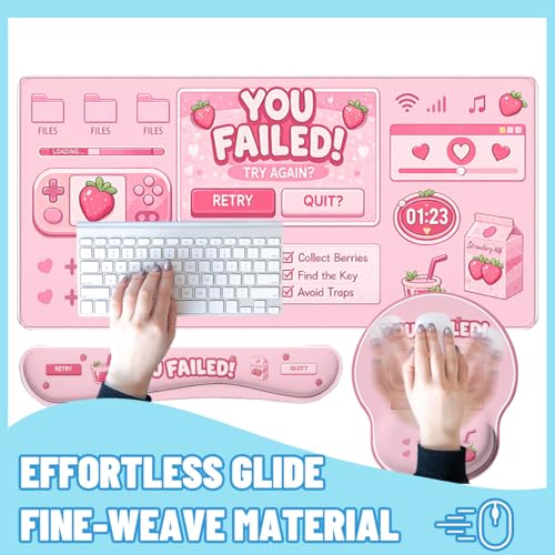 Cute Gamer Desk Mat Set Strawberry Pink Kawaii Aesthetic Mouse Pad with Wrist Rest 4in1 Desk Mat for Desktop Ergonomic Keyboard Wrist Support Anti-Slip Computer Ergonomic Mouse Pad Home Office Gaming - color: Cute Gamer