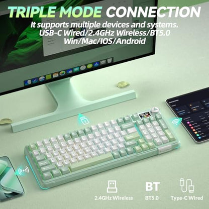 SOLAKAKA A99 Pro Wireless Mechanical Keyboard with BT5.0/2.4GHz/USB-C, LCD Screen & Metal Knob, Gasket-Mounted Gaming Keyboard, Full Hot-Swappable, RGB Creamy Keyboard for Win/Mac - color: MintGreen