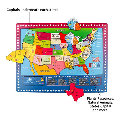 Wooden USA Map Puzzle, 46 Pieces US Map Puzzle for Kids, Educational Geography Puzzles United States Map Puzzle for Boys Girls Birthday Gift