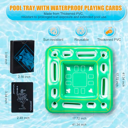 Kaiedos Floating Game Table for Pool - Inflatable Floating Table with Waterproof Playing Cards, 40"x40" Large Pool Float Drinks for Adults, Includes 12 Drink Holders (Green)