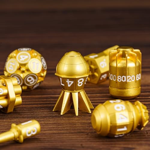 UDIXI Metal RPG Dice Set, 7PCS Bomb Polyhedral Metal Dice Set D&D Gold | Bomb Shape, Solid Metal, Leather Pouch Pakaging, Cool Design, for Dungeons and Dragons Role Playing Games Tabletop Game - color: Golden White