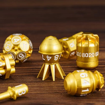 UDIXI Metal RPG Dice Set, 7PCS Bomb Polyhedral Metal Dice Set D&D Gold | Bomb Shape, Solid Metal, Leather Pouch Pakaging, Cool Design, for Dungeons and Dragons Role Playing Games Tabletop Game - color: Golden White
