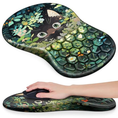 Mouse Pad with Wrist Rest, Canjoy Ergonomic Wrist Support with Massage | Ergonomic Massage Design & Relax and Relieve Fatigue & Non-Slip & PU Base, Comfortable Computer Mousepad for Office Home - color: Curious Cat