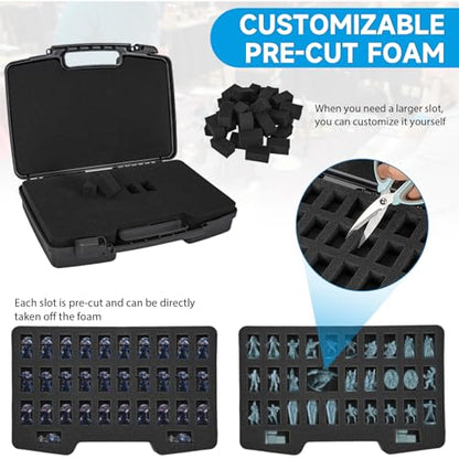 64 Slot Miniature Figure Storage & Carrying Case with 2 Foam Layers | Hard Shell Figurine Minature Case with 2 Customizable Foam Layers for Large Miniatures