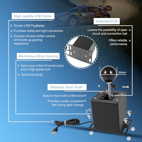 PC USB Sim Racing Shifter 6+R H Gear Shifter Compatible with Logitech G29 G27 G25 G920 T300RS/GT Steering Wheel, For PC Windows Steering 丨Plug Right into PC丨Metal Top Plate丨 Heavier Knob