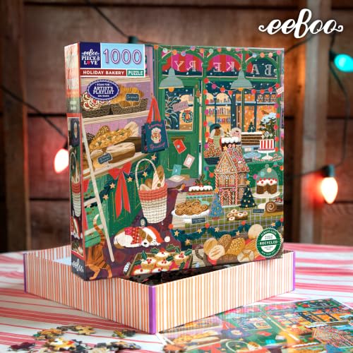 eeBoo Holiday Bakery 1000 Piece Square Jigsaw Puzzle, 23" x 23" | Double coated, sturdy & dust free pieces with a satisfying snap. Includes full color reference insert. Vibrant, original art - style: Holiday Bakery
