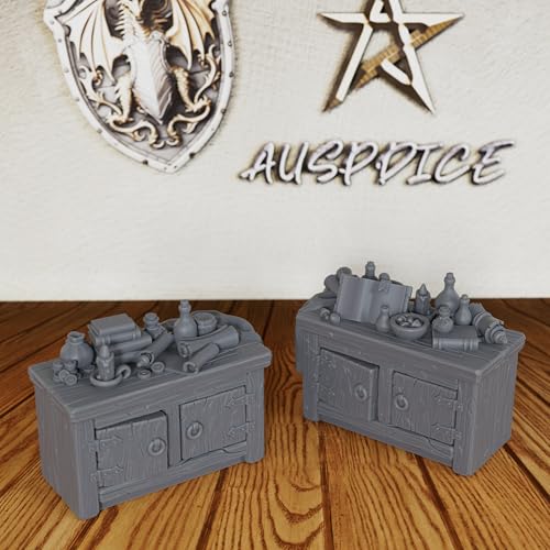 AUSPDICE Alchemy Lab & Scholar Study Cabinets 28mm Unpainted DND Terrain | Miniature Furniture for Dungeon Masters: 2 Cabinets with Books, Scrolls, Potions and an Open Tome for TTRPG Rooms - AS691