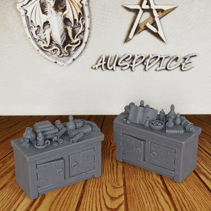 AUSPDICE Alchemy Lab & Scholar Study Cabinets 28mm Unpainted DND Terrain | Miniature Furniture for Dungeon Masters: 2 Cabinets with Books, Scrolls, Potions and an Open Tome for TTRPG Rooms - AS691