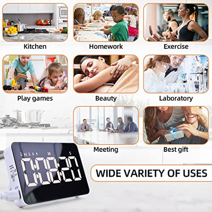 Rechargeable Digital Kitchen Timer for Cooking, Magnetic Timers with Countdown/up, Kids Timer with 5”LED Display 3 Brightness 4 Volume Adjustable for Classroom/Office/Home/Work/Study/Fitness/Game | Countdown/Up, 3 Adjustable Brightness, 4 Adjustable Volum