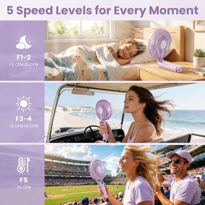 Portable Handheld Fan, 10000mAh Rechargeable 6-Inch Personal Fan for Travel | Ultra Quiet Foldable Desk Fan, 5-Speed Battery Operated Fan with Up to 40H Runtime and Digital Display for Travel and Makeup - color: Purple