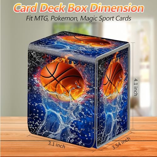 Card Deck Box, Card Storage Box Fits 100+ Single Sleeved Cards, Large Capacity PU Leather Card Storage Box with Strong Magnet for Magic Commander TCG CCG, Basketball - color: Basketball