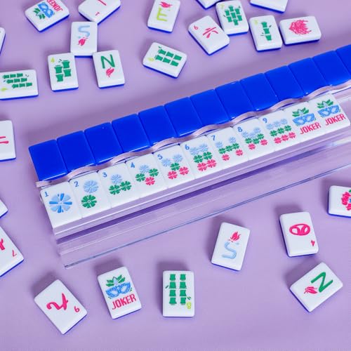 Jongyance American Mahjong Tile Set(Blue) with Carrying Bag and Accessories, 160 Acrylic Engraved Mahjong Tiles - color: Blue