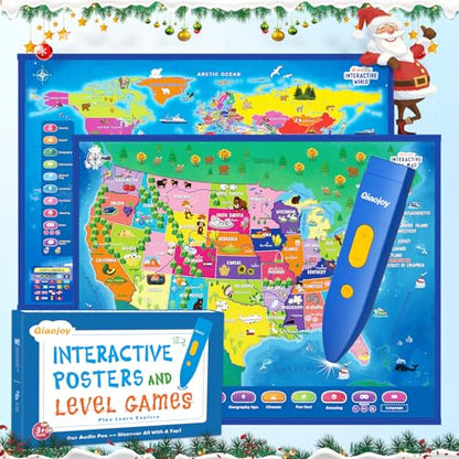 Qiaojoy Bilingual Interactive for Kids Talking USA Map World Map for Kids Learning, Geography Toys Games Educational Electronic Map Personalized Gift/Toys for 4 5 6 7 8 9 10 Year Old Girls/Boys - style: USA & World Map