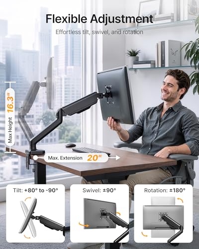 monTEK Single Monitor Arm for 17-32" Flat/Curved Screen up to 19.8 lbs | Mechanical Spring Monitor Arm, Full Motion, Height Adjustable, Alloy Steel, Easy Assembly, Clamp/Grommet, VESA 75/100mm - size: Single Arm