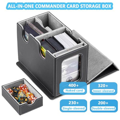 MTG Deck Box for Commander with Dice Tray,Designed for MTG Commander | Card Deck Box Fits 200+ Double Sleeved Cards,Card Storage Box with 3 Dividers 2 card holder - color: Gray