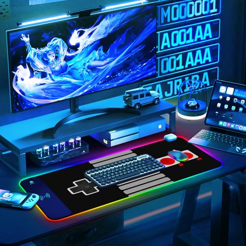 ToLuLu RGB Wireless Charging Gaming Mouse Pad, 7.5/10/15W LED Mouse Pad | Computer Keyboard Mat 10 Light Modes Mousepad, 800x300x4MM Extended Large Big Desk Pad Desk Mat, Game Console Buttons Black - color: Game Console Buttons Black