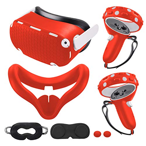 Compatible with Oculus Quest 2 Accessories, Silicone Face Cover, VR Shell Cover,Touch Controller Grip Cover,Protective Lens Cover,Disposable Eye Cover - color: RED