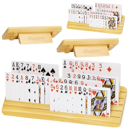 plusvivo Card Holders for Playing Cards with Adjustable Stand Set of 4, Playing Card Holders for Seniors Adults Kids 5 Slots up to 110 Cards, 12" Wooden Card Holder for Canasta Bridge
