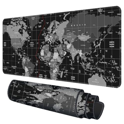 Galdas Mouse Pad for Gaming,XXL XL Large Mouse Mat Long Extended Mousepad Desk Mat Non-Slip Rubber Mice Pads Stitched Edges Thin (31.5 x 11.8 x 0.12 Inches),World Map Background - color: Black World Map