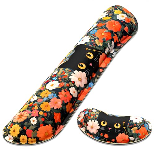 Dapesuom Enlarge Keyboard Wrist Rest, Memory Foam Wrist Cushion for Desk Mats Support, Typing Pain Relief Keyboard Mouse Pad Rests Set with Non-Slip Base for Gaming Laptop Computer, Cat Flower Bush - color: Anime Cat Flower Bush