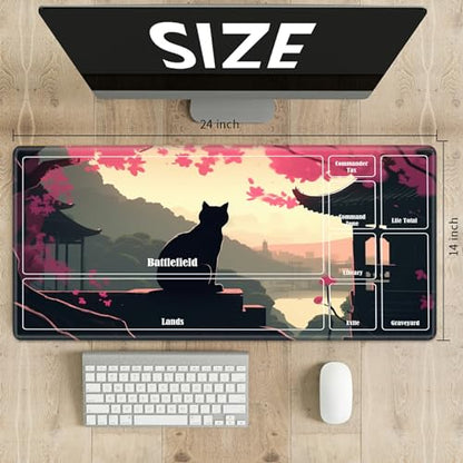 Board Game Mat TCG Playmat Plus 50 Pcs Card Sleeves, 24 x 14 inches Table Mats Games Mousepad with Zones Smooth Surface for MTG RPG CCG Trading Card Game Play Mats, Black Cat Landscape - color: Black Cat Landscape, size: Zone 1