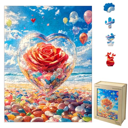 Wooden Puzzles for Adults, Beach Rose 200 Piece Unique Shaped Puzzle, Creative Wooden Jigsaw Puzzle Gift, Family Game, Wall Art Decor, 8.3 x 11 Inch - color: Beach Rose, size: 200PCS