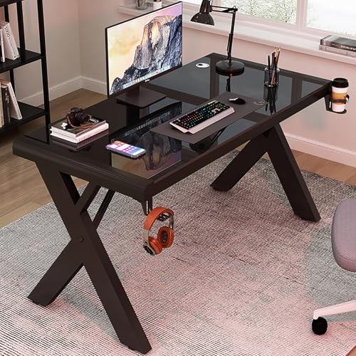 Tempered Glass Computer Desk, Modern Home Office Desk Personal Workstation with X-Shaped Metal Frame, Student Writing Desk Gaming Desk with Cable Management(80cm/31, Black) - color: Black, size: 80cm/31"